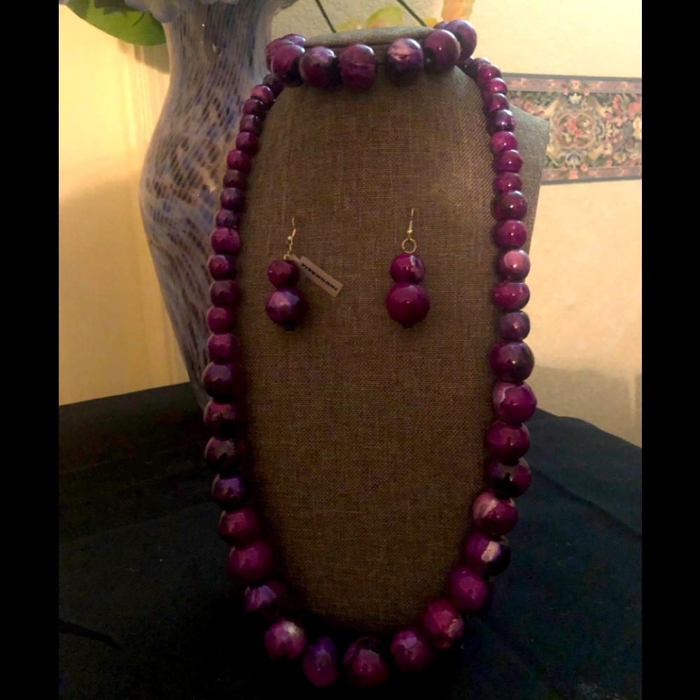 Purple Wooden Necklace, Bracelet, Earrings
